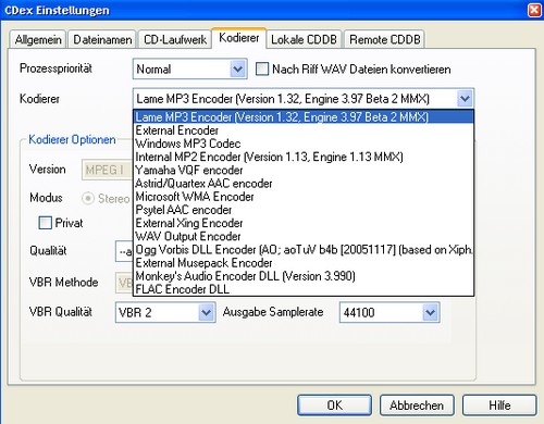 CDex 1.70b2 - Auswahl der unterstützten Formate