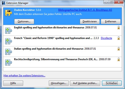 Extension Manager von OpenOffice.org - Screenshot