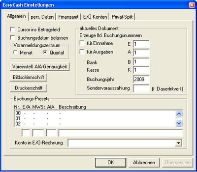 Buchführungs- und Finanzbuchhaltungssoftware EasyCash&Tax - Einstellungen