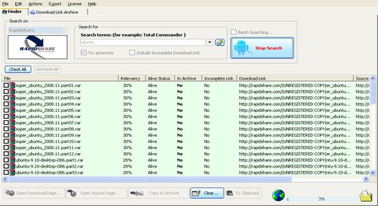 Snapshot des Windows von Rapidshare Seach Tool