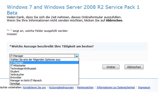 Download Service Pack 1 Beta bei Microsoft 