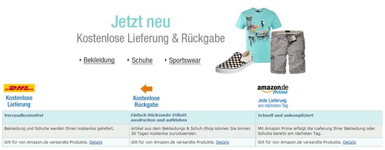 Neu bei Amazon: Gratis-Versand für Kleidung und Schuhe