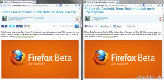 Sprachvergleich von Nachrichten über Firefox in Deutsch und Englisch