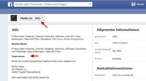 Facebook: Feld für Impressum auf Seiten und Pages