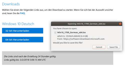 Unter Linux - Windows 10 Version 1903 als ISO-Datei herunterladen